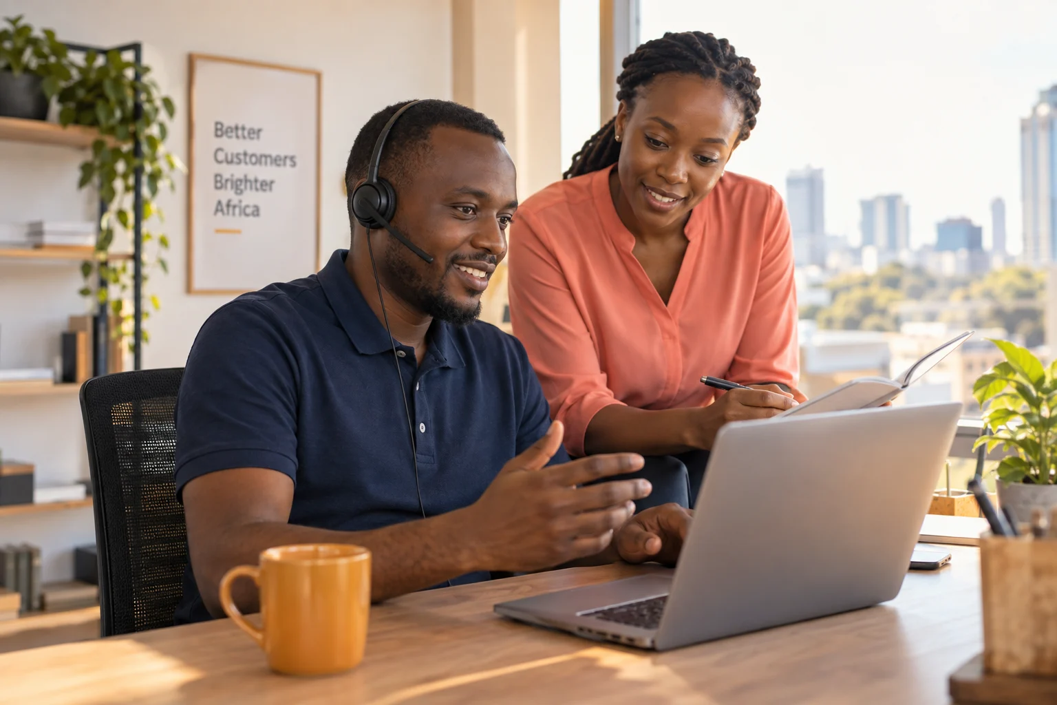 Two customer support colleagues working together to help a customer